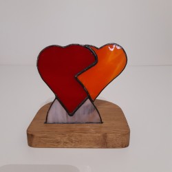 2 Coeurs à l'unisson: photophore en vitrail Tiffany- rouge et orange