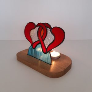 Photophore en vitrail Tiffany : 2 coeurs enlacés