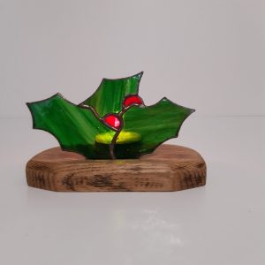 Photophore en vitrail Tiffany : 3 feuilles de houx
